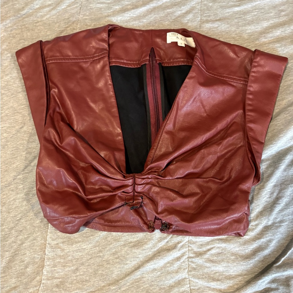 A.L.C. Burgundy Faux Leather Crop Top with Front Lace Detail